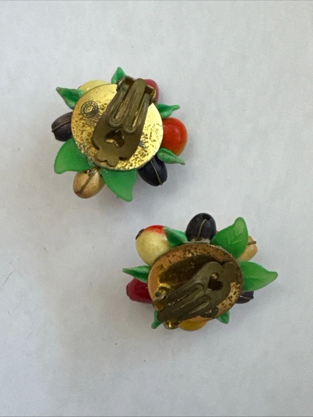 Vintage 1940's Multi-Color Beaded Clip-on Earrings with Fruit and Leaf Motif